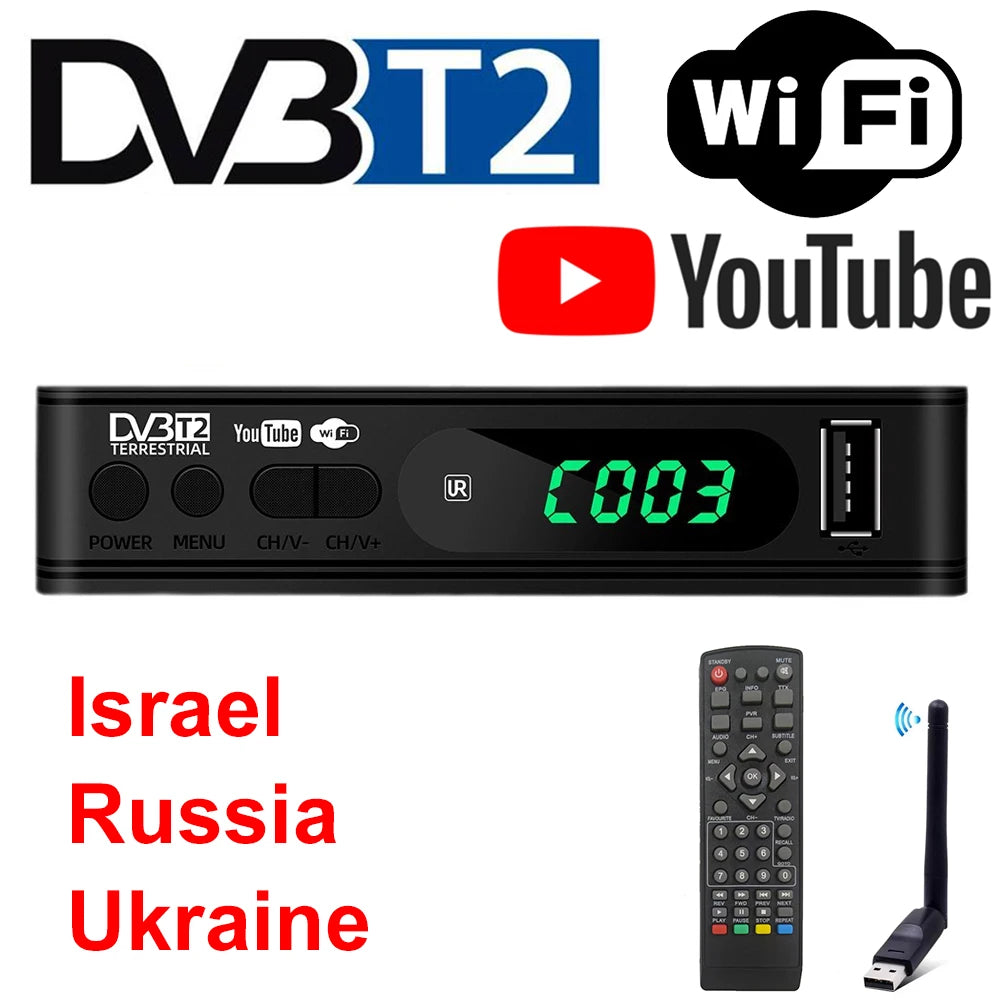 DVB-T2 TV Tuner 1080P HDMI Terrestrial Receiver USB 2.0 TV Decoder H.264 Support YouTube Suitable for Israel/Russia/Ukraine/Africa