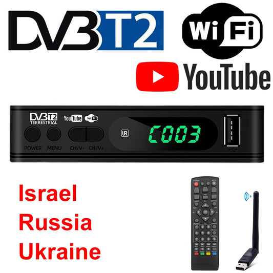 DVB-T2 TV Tuner 1080P HDMI Terrestrial Receiver USB 2.0 TV Decoder H.264 Support YouTube Suitable for Israel/Russia/Ukraine/Africa