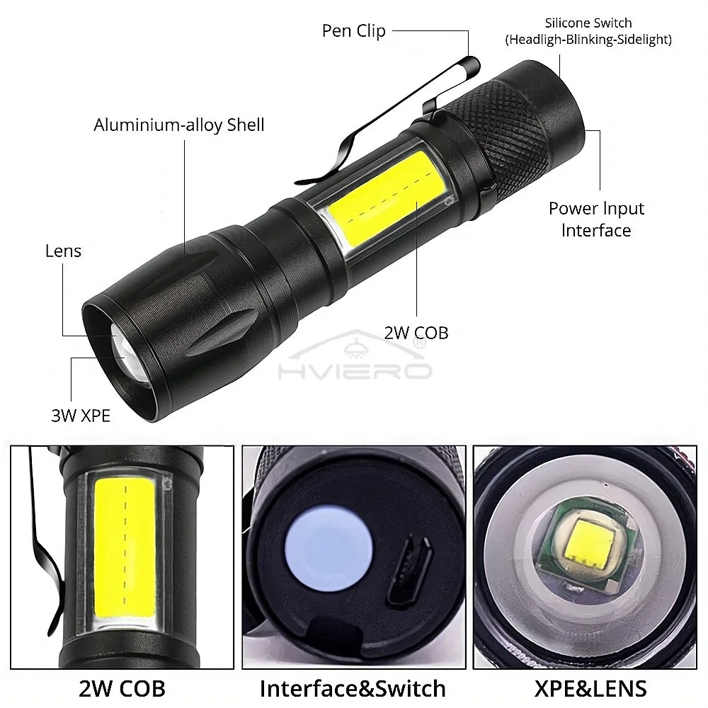 Flashlight Battery Charge Mini Led 5W Focus Adjustable Side Lamp Convenient Waterproof T6 Light Ultra Bright For Camping Hiking